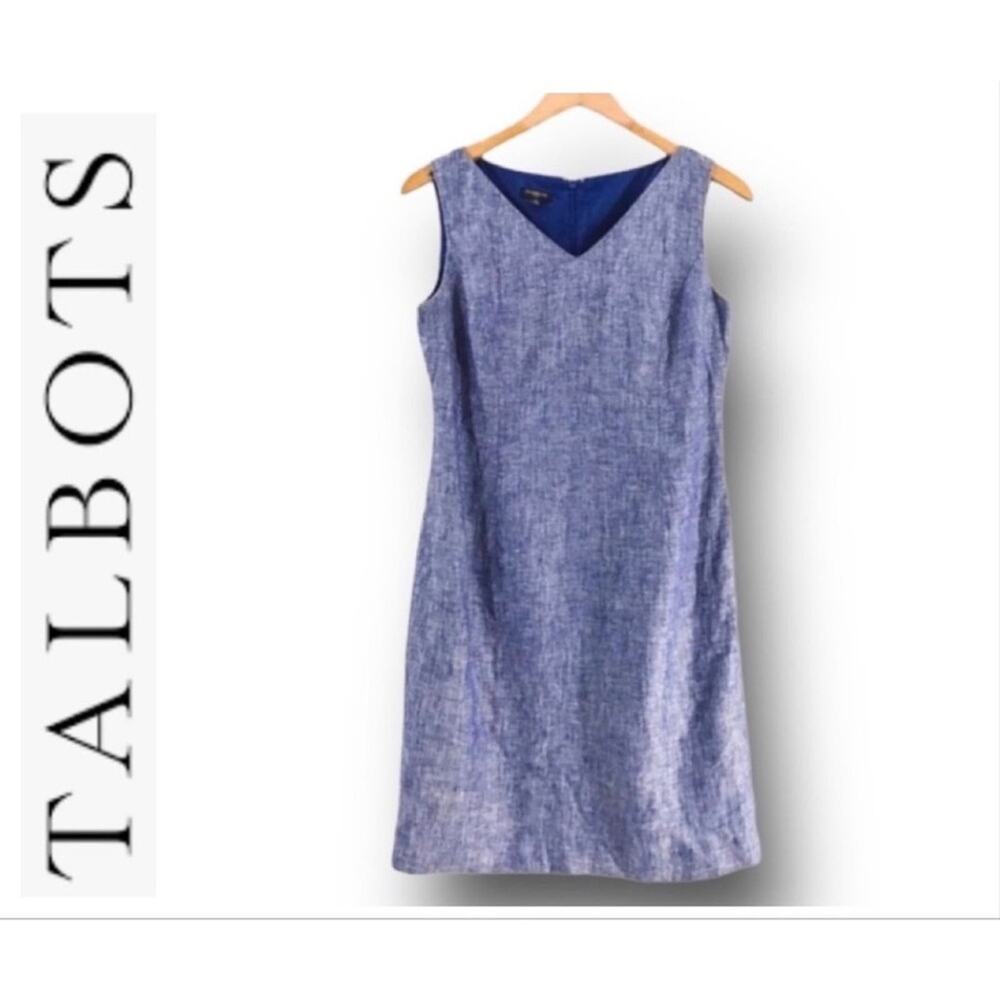 TALBOTS Blue Linen Sleeveless Sheath Dress with V Neckline SZ 4 Petite - Picture 6 of 6